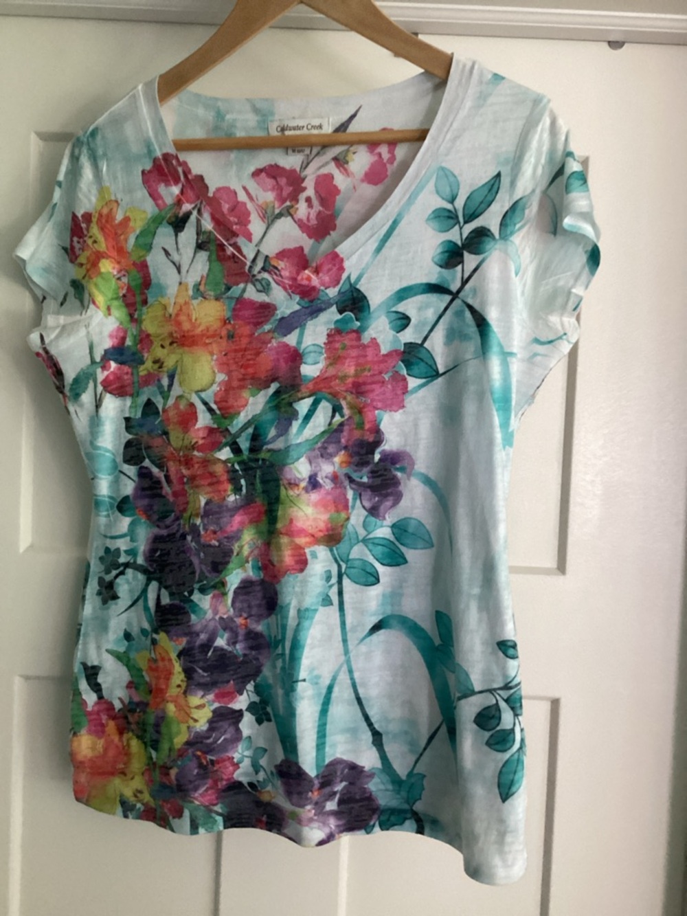 Coldwater Creek Teal Floral Watercolor Short Sleeve Top
